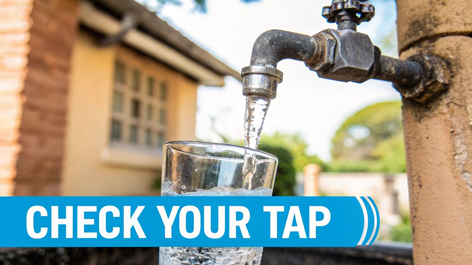 Clear water fills a glass from an outdoor tap, promoting 'CHECK YOUR TAP'.