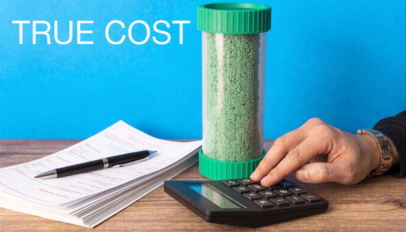 A person calculates expenses next to a document and a container filled with green sand filtration media.
