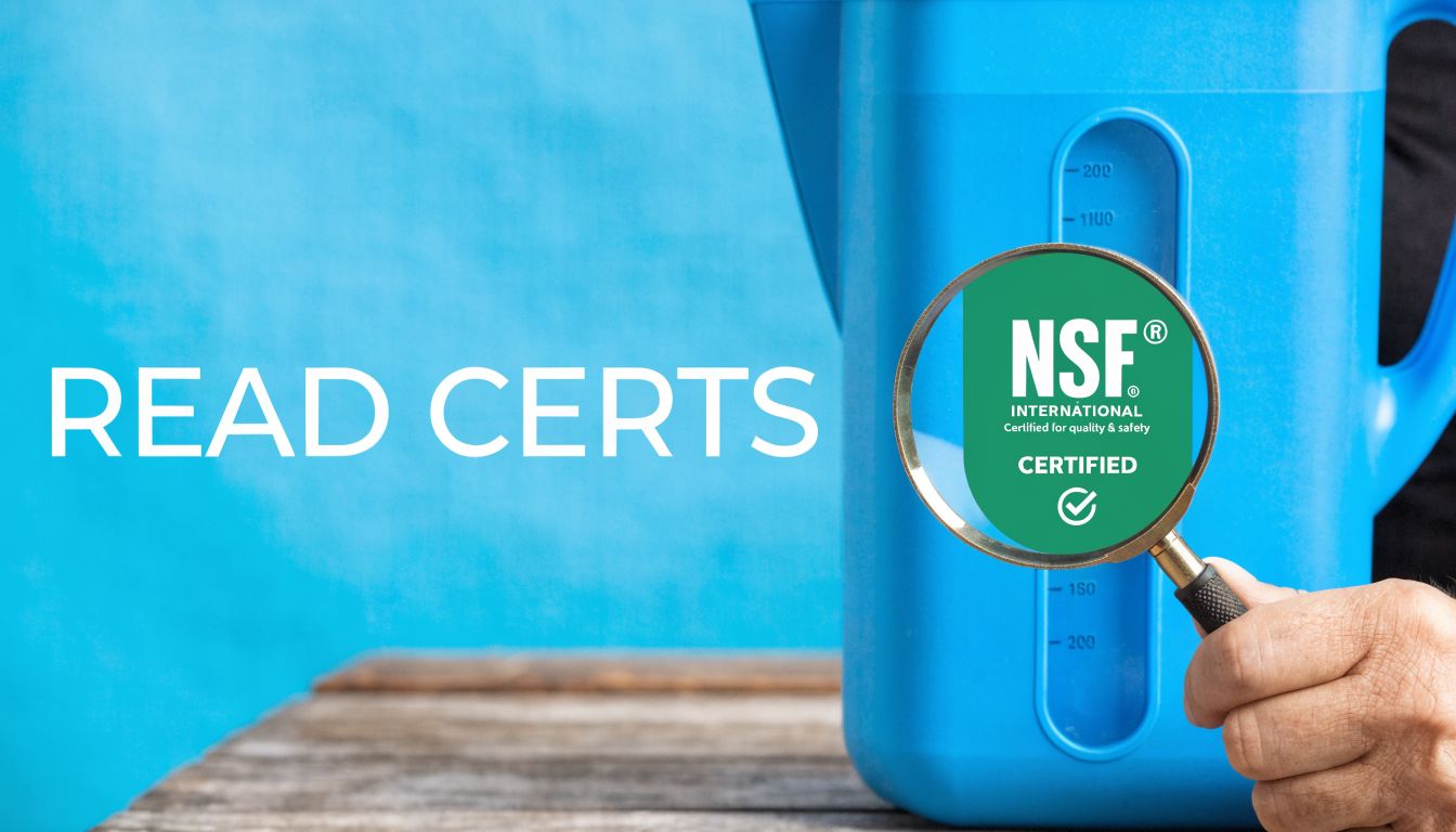 A magnifying glass inspecting an NSF certified label on a blue water filtration pitcher.