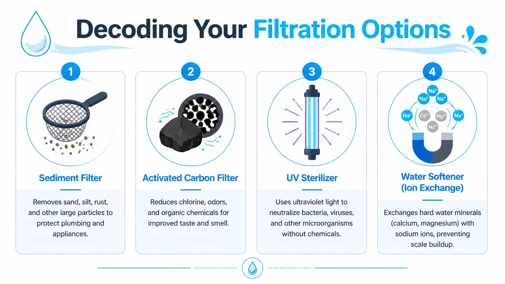 An infographic titled Decoding Your Filtration Options illustrating four common water filtration and treatment technologies.