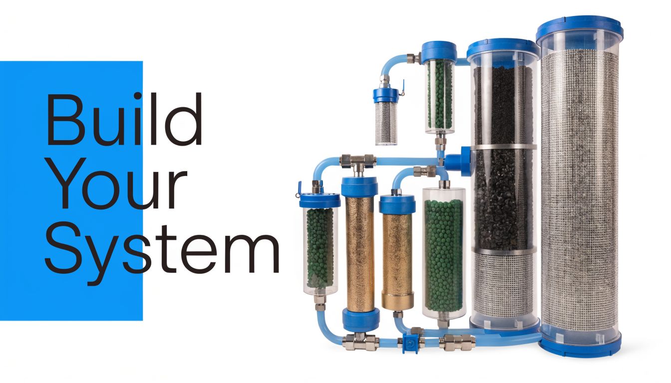 A modular water filtration system showing various clear filter cartridges with different internal media components connected by blue tubes.