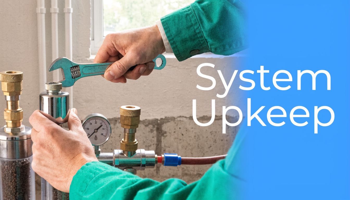 A professional technician wearing a green uniform performs maintenance on a home water filtration system.
