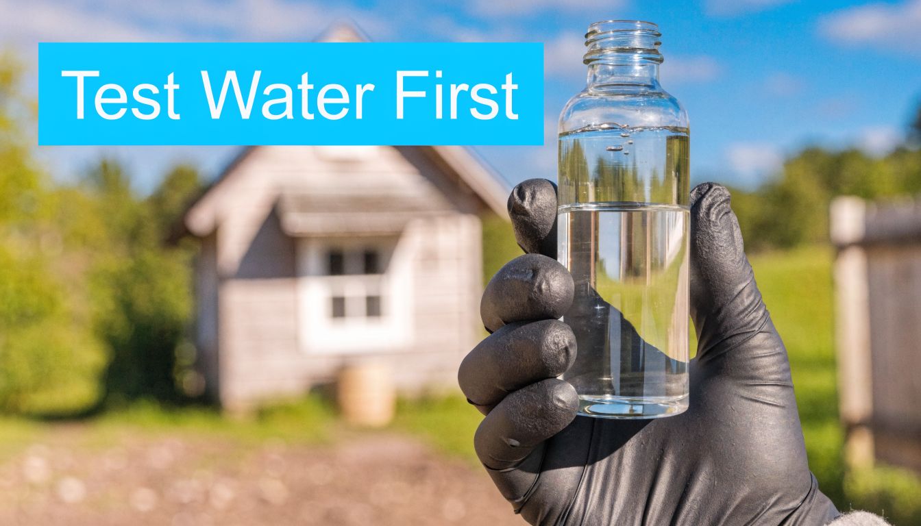 A person wearing a black nitrile glove holding a water sample bottle in front of a rustic well house.