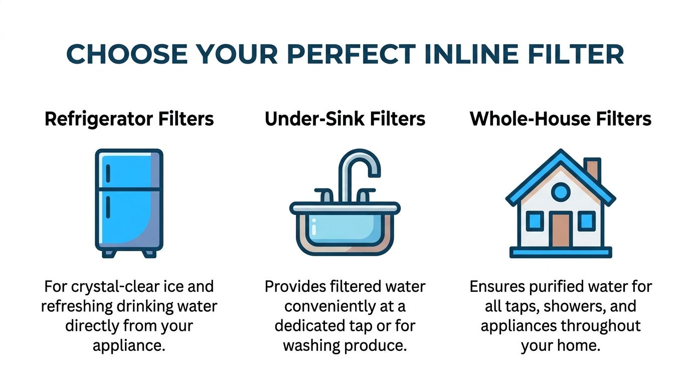 A graphic showing three types of inline filters: refrigerator, under-sink, and whole-house, with their specific home uses.
