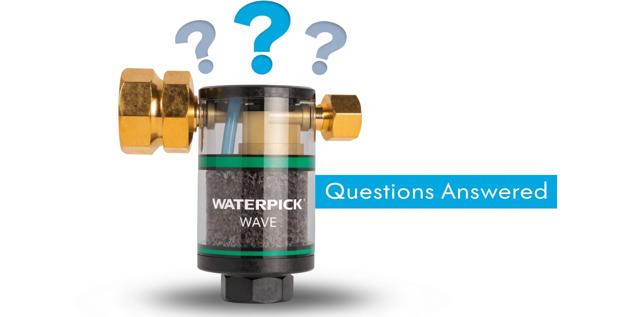 A Waterpik Wave inline shower water filter displayed against a white background with decorative blue question marks.