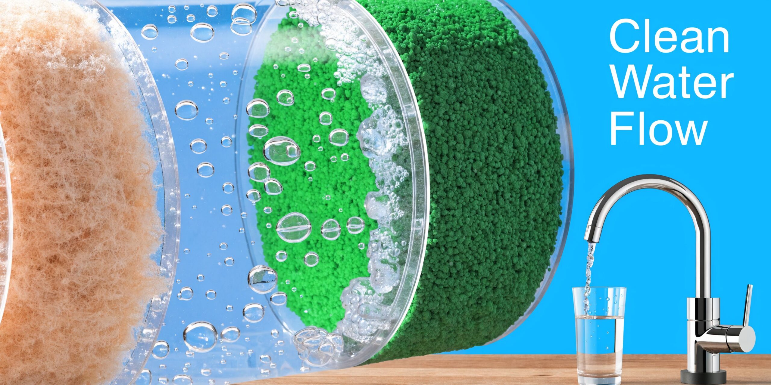 Conceptual image of water filtration showing sediment and green filter media with a glass of clean water.