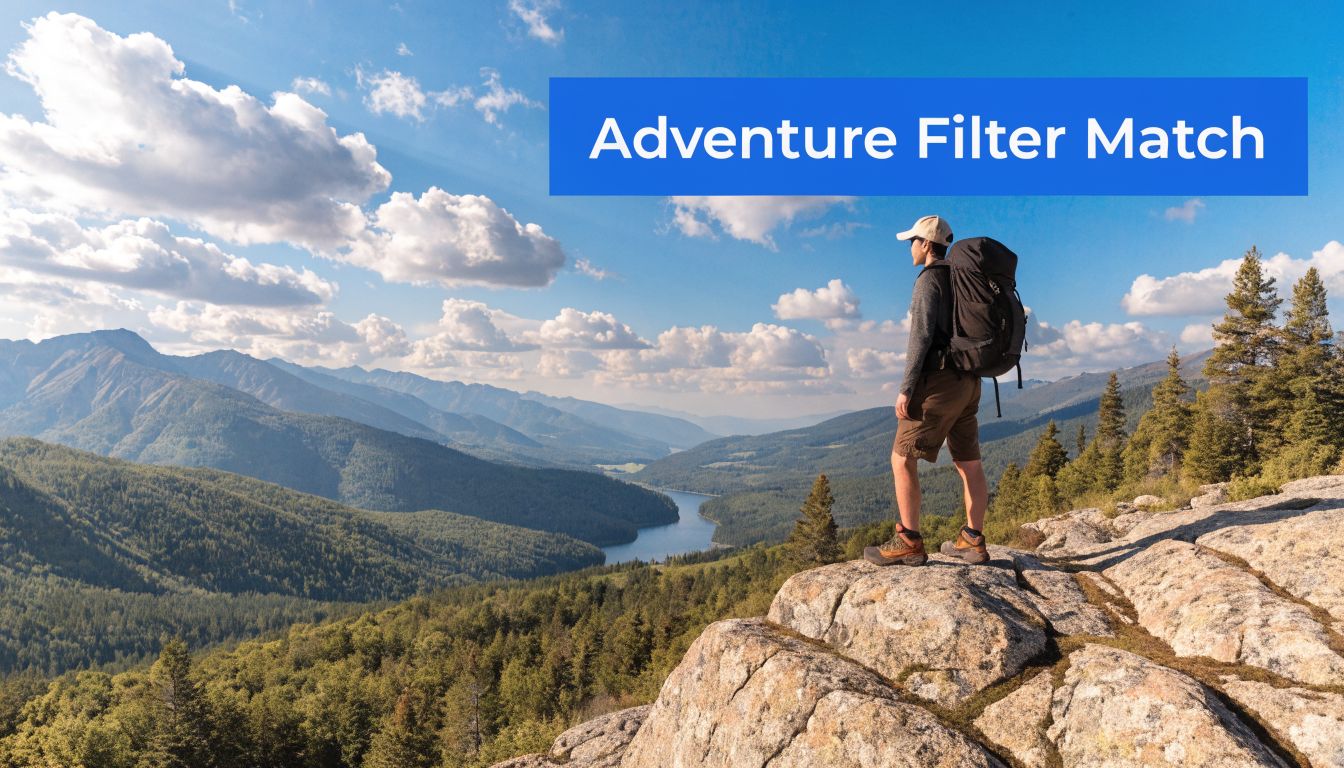 A hiker with a backpack standing on a cliff edge overlooking a vast valley and lake.
