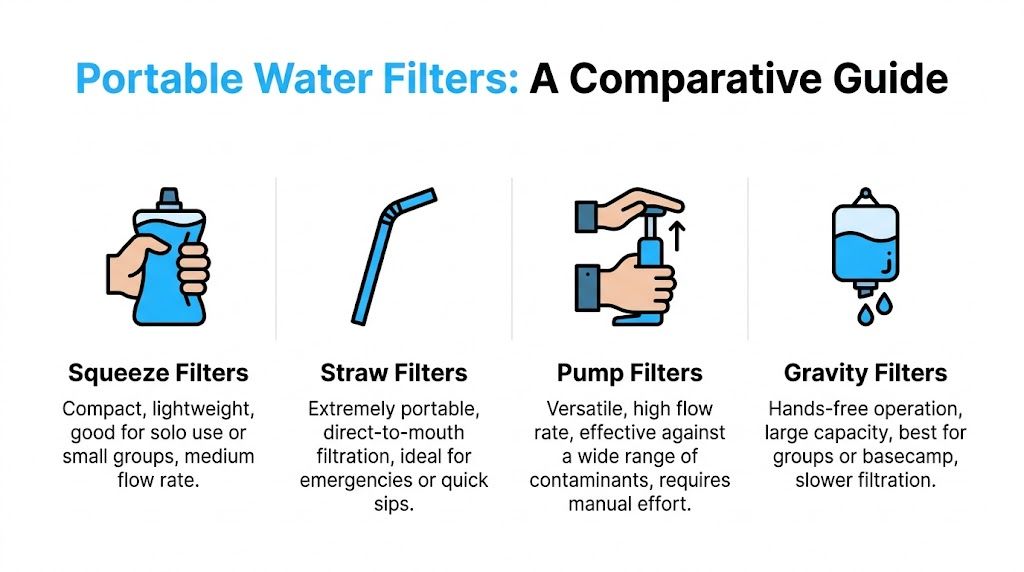 A comparison guide infographic illustrating four types of portable water filters including squeeze, straw, pump, and gravity systems.