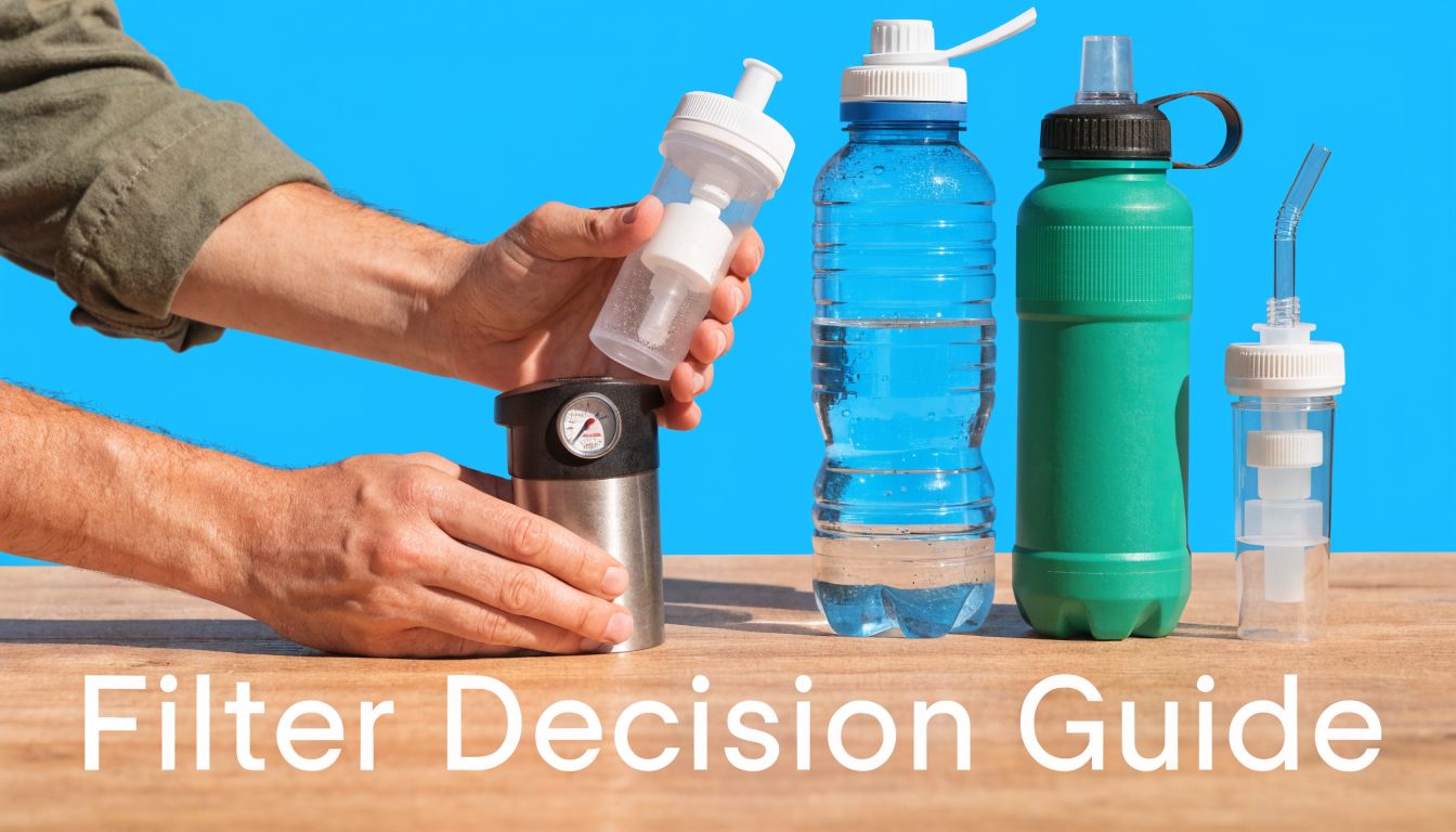 A person assembling a portable water filtration system with various bottles and filters on a wooden table.