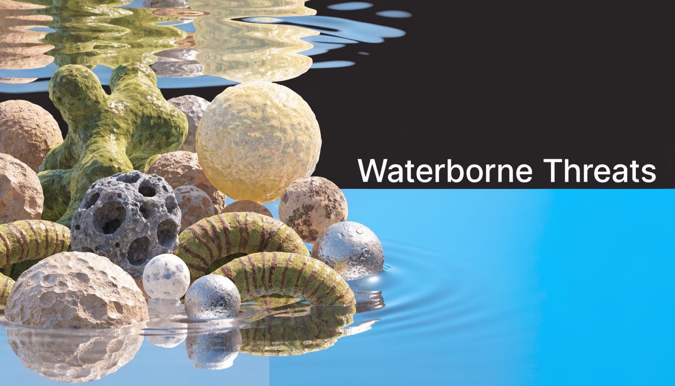 Various microorganisms, pathogens, and particles floating in clean water, representing potential waterborne threats and contamination.