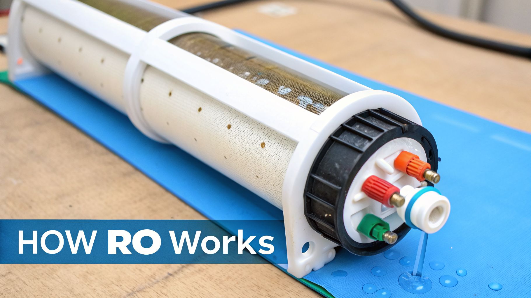 A transparent reverse osmosis water filtration system demonstrating how it works, with water dripping.