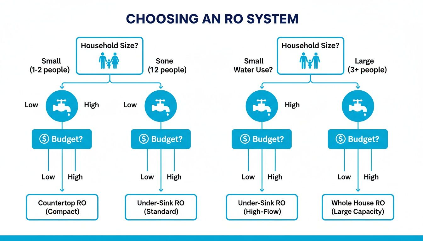 Flowchart guiding the selection of an RO system based on household size, water use, and budget.