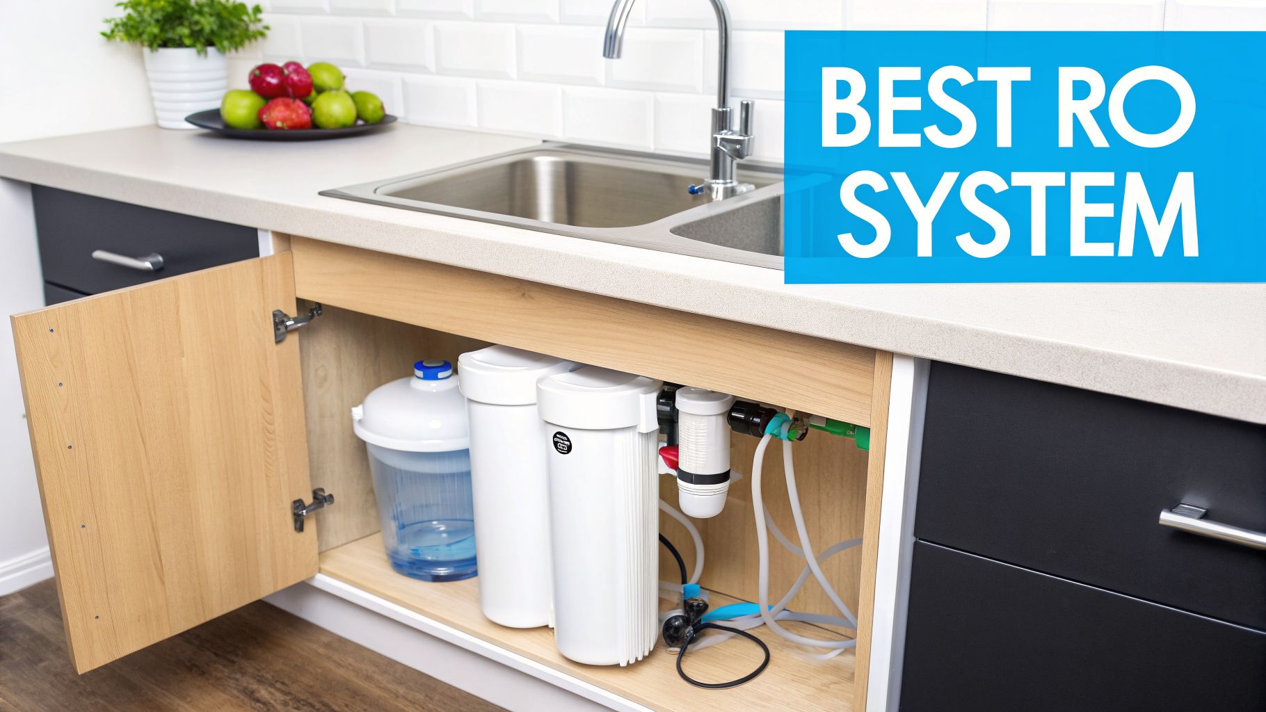 Under-sink reverse osmosis water filtration system installed in a modern kitchen cabinet.