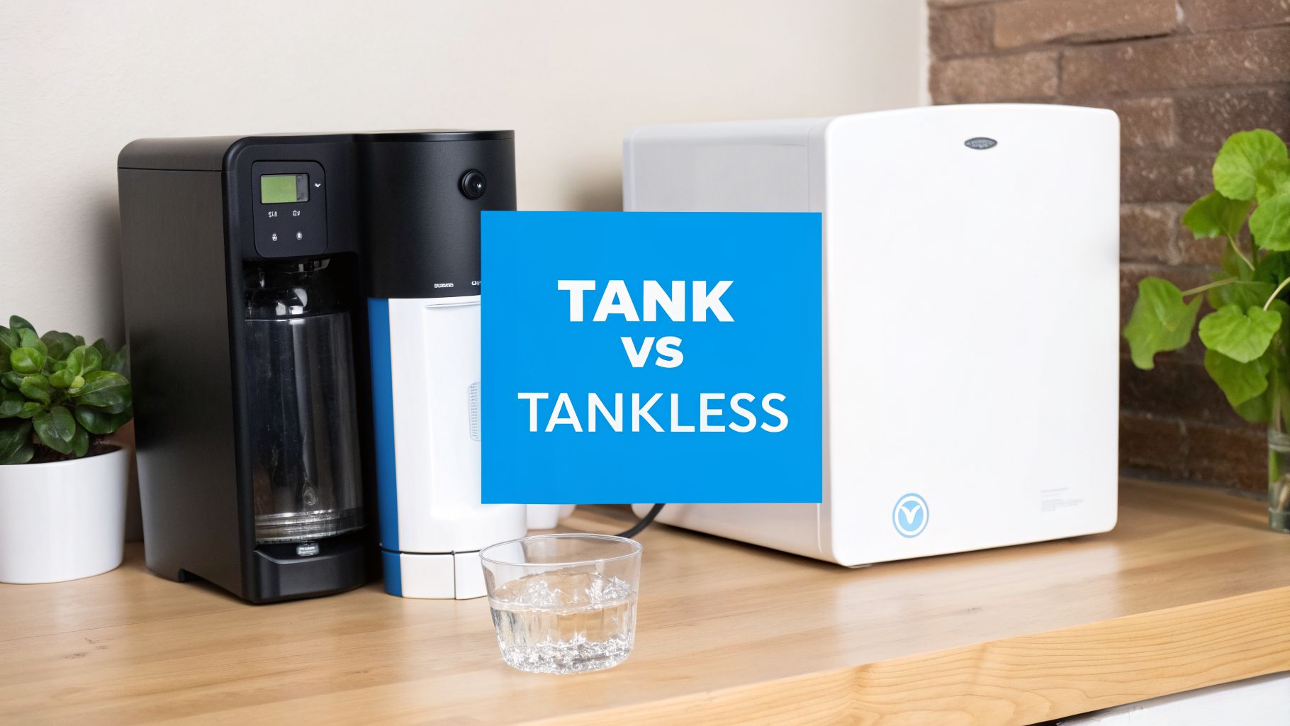 Comparison of tank and tankless water filtration systems, black and white units, with a glass of water.