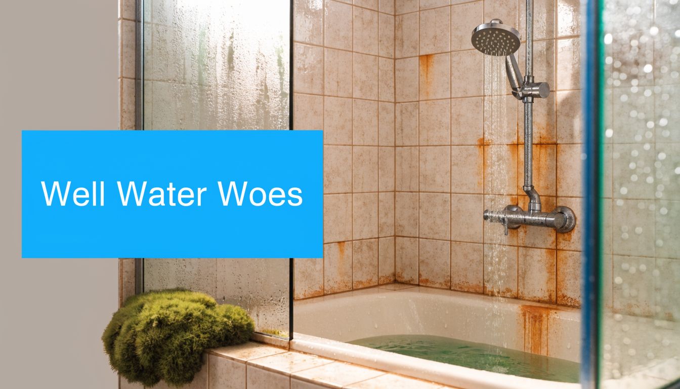 A bathroom shower stall with heavy iron water staining on tiles and a green mossy sponge.