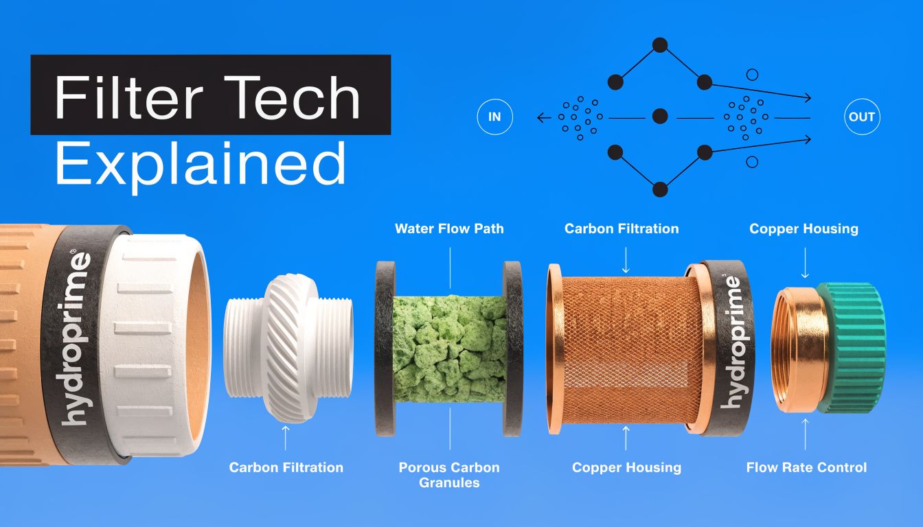 A diagram illustrating the layered components of a shower water filter, including carbon granules and housing.