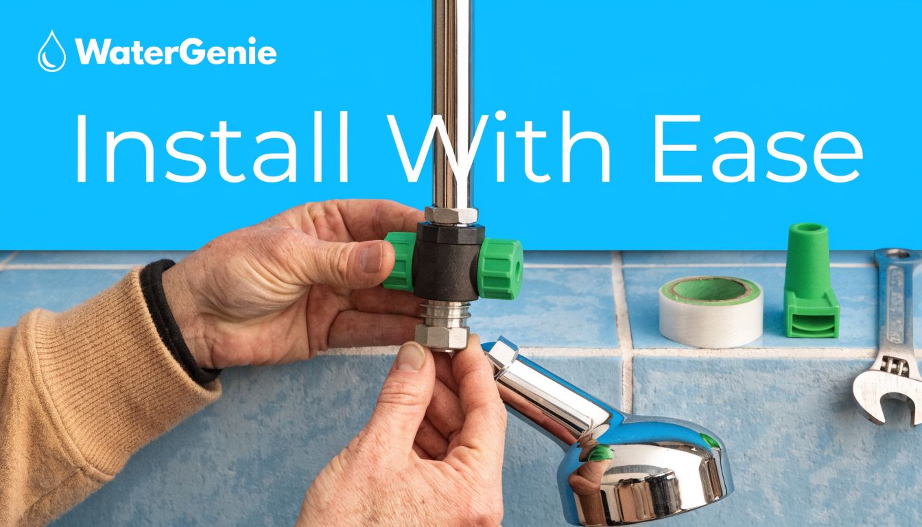 A person installing a water filter device onto a shower pipe with tools placed on tiled wall.