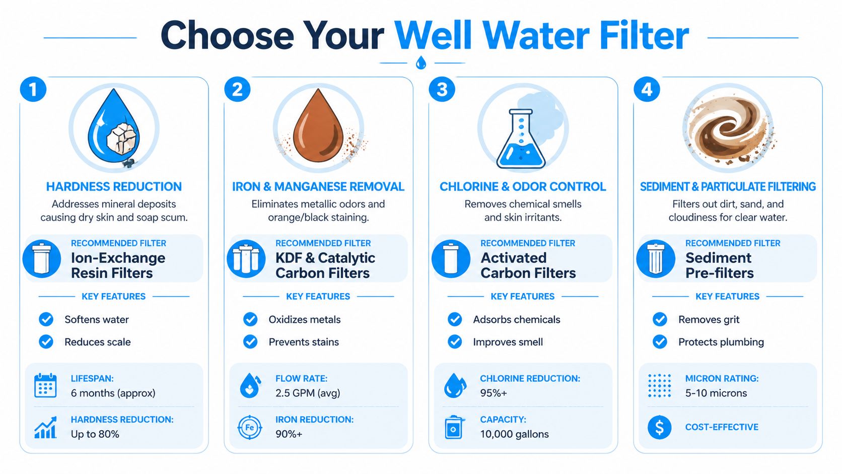 A comparison guide for choosing the right well water filter based on specific water quality needs.