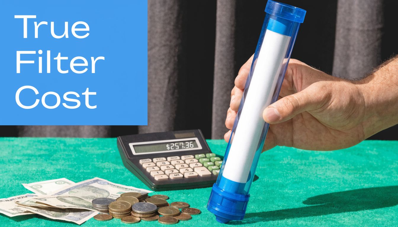 A hand holding a water filter cartridge next to a calculator and loose change on a table.