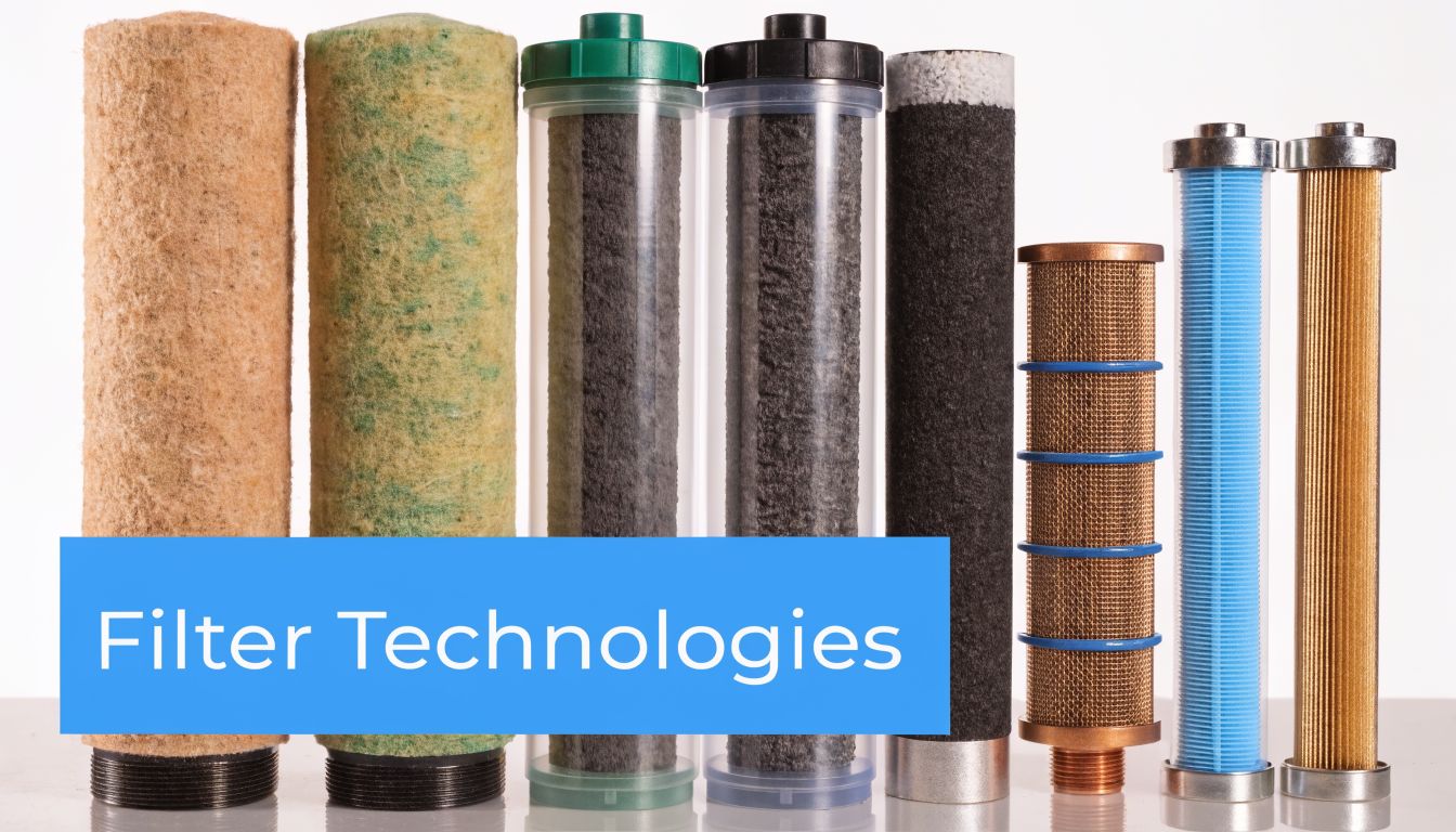Various industrial and residential water filter cartridges standing in a row against a plain white background.