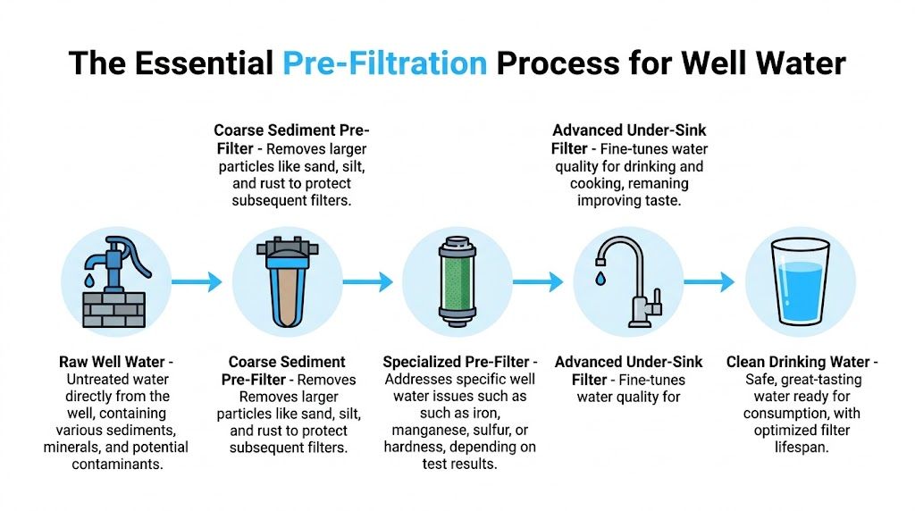 A diagram illustrating the essential pre-filtration process for cleaning well water from raw source to drinkable state.