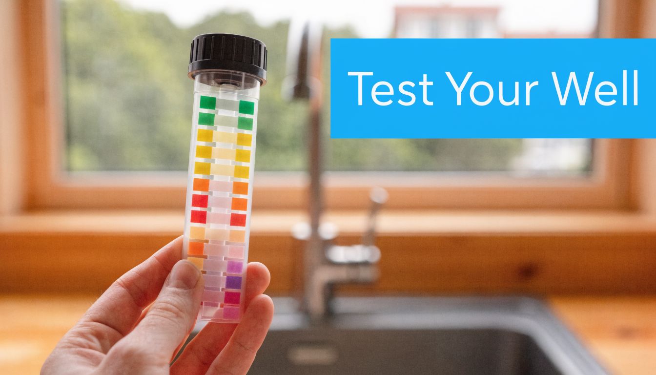 A hand holding a water test strip container in front of a kitchen sink faucet.