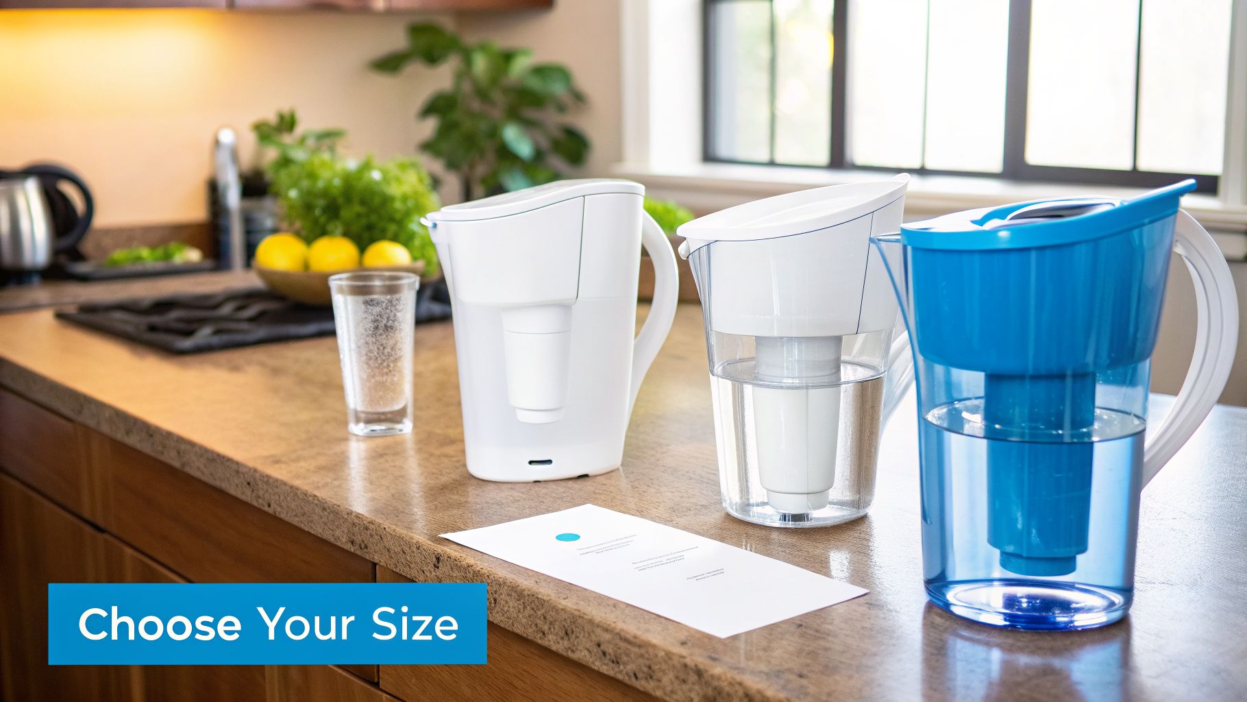 Three water filter pitchers of various sizes, in white and blue, on a kitchen counter with a glass.