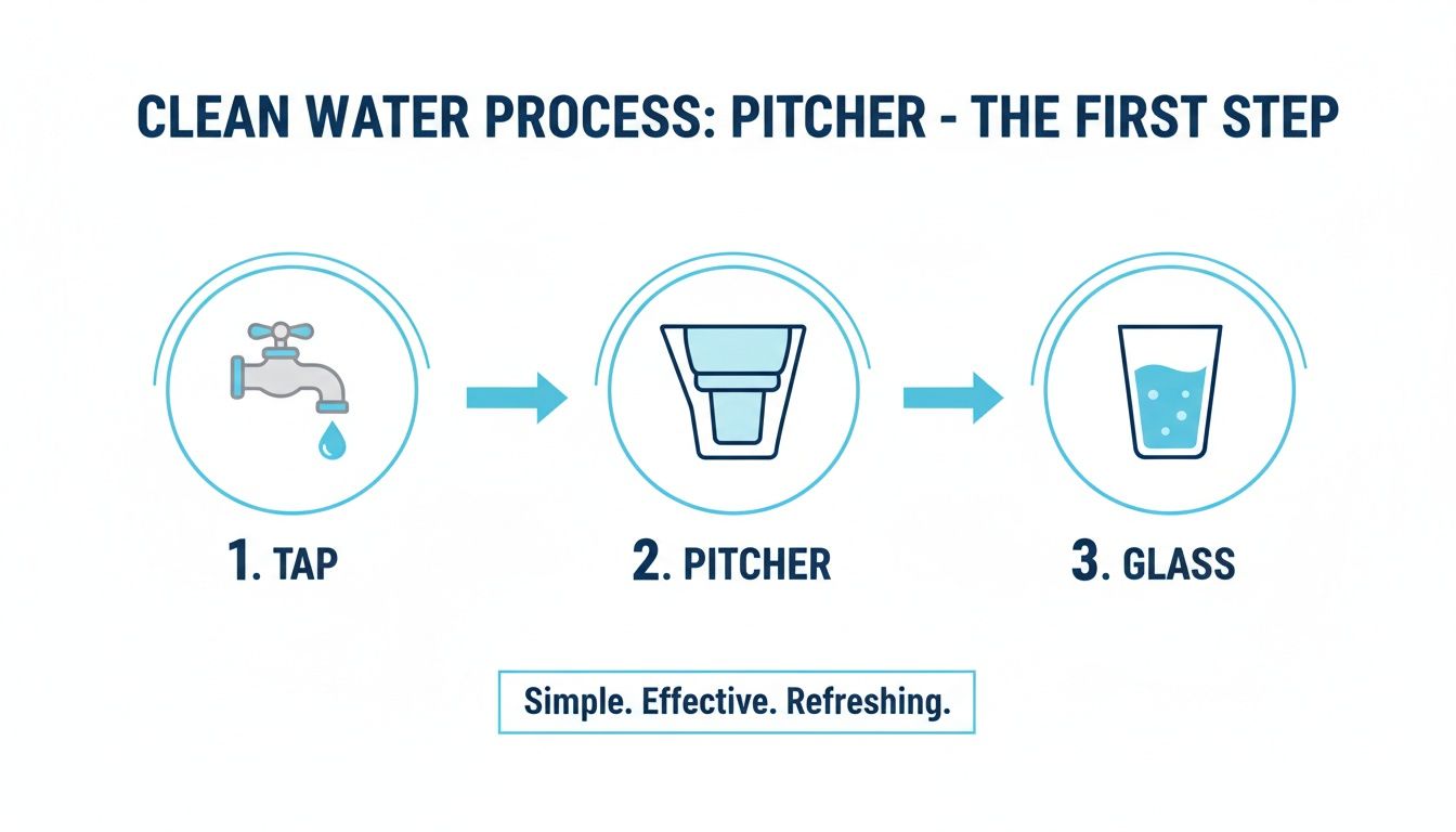 An illustration showing the clean water process: tap water goes into a pitcher, then into a glass. Simple and refreshing.