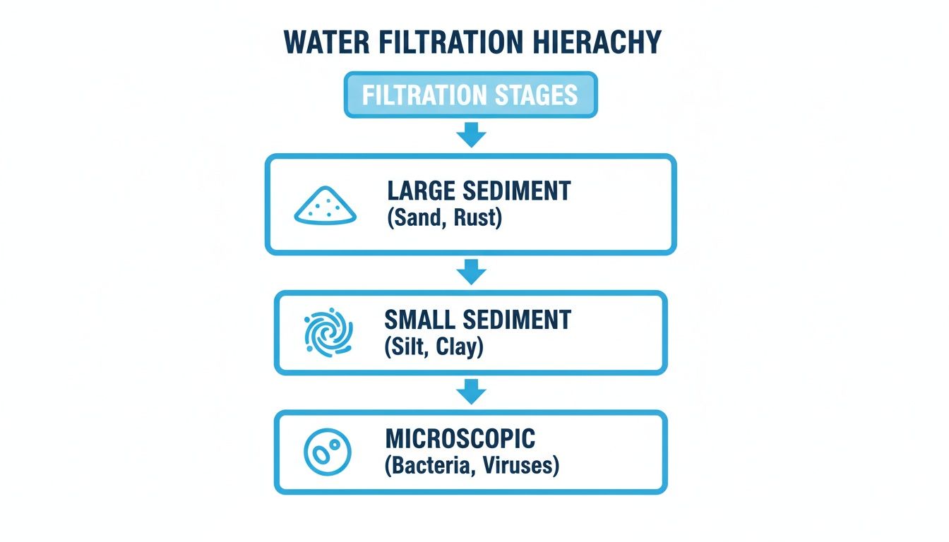 A diagram illustrating water filtration hierarchy, detailing stages for removing large, small, and microscopic contaminants.