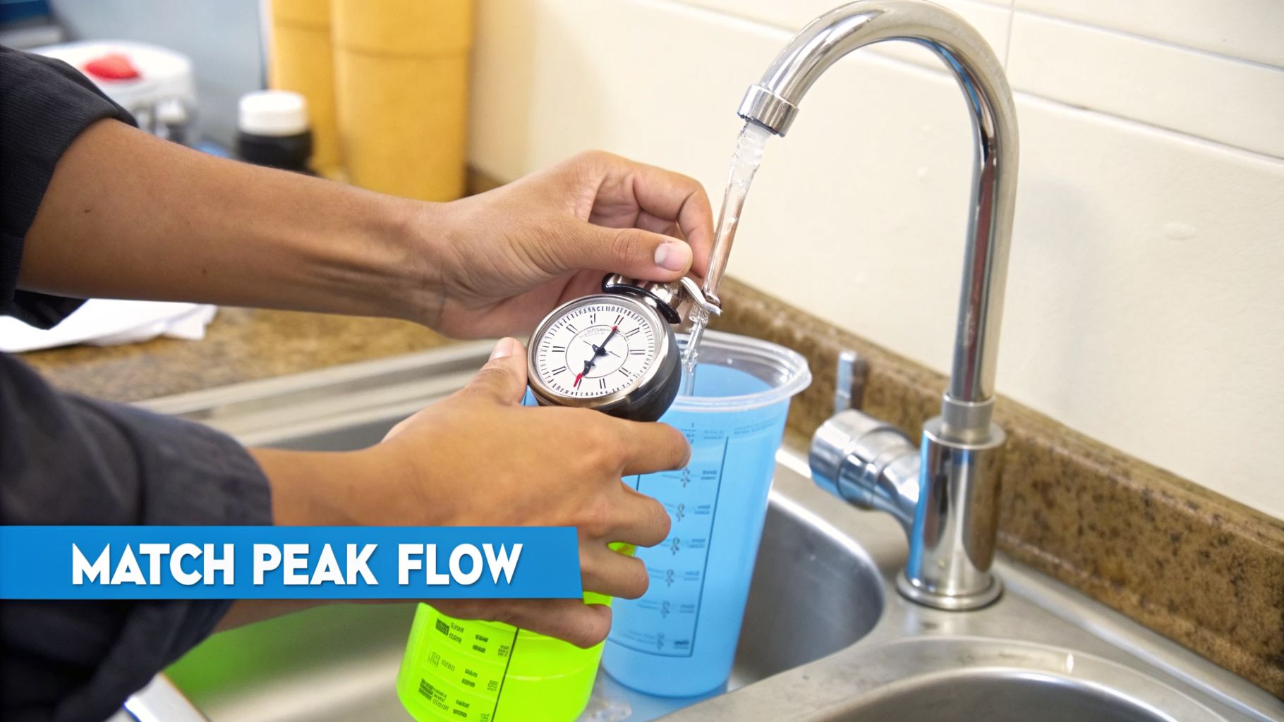A person's hands measure water flow from a kitchen faucet using a flow meter into a cup.