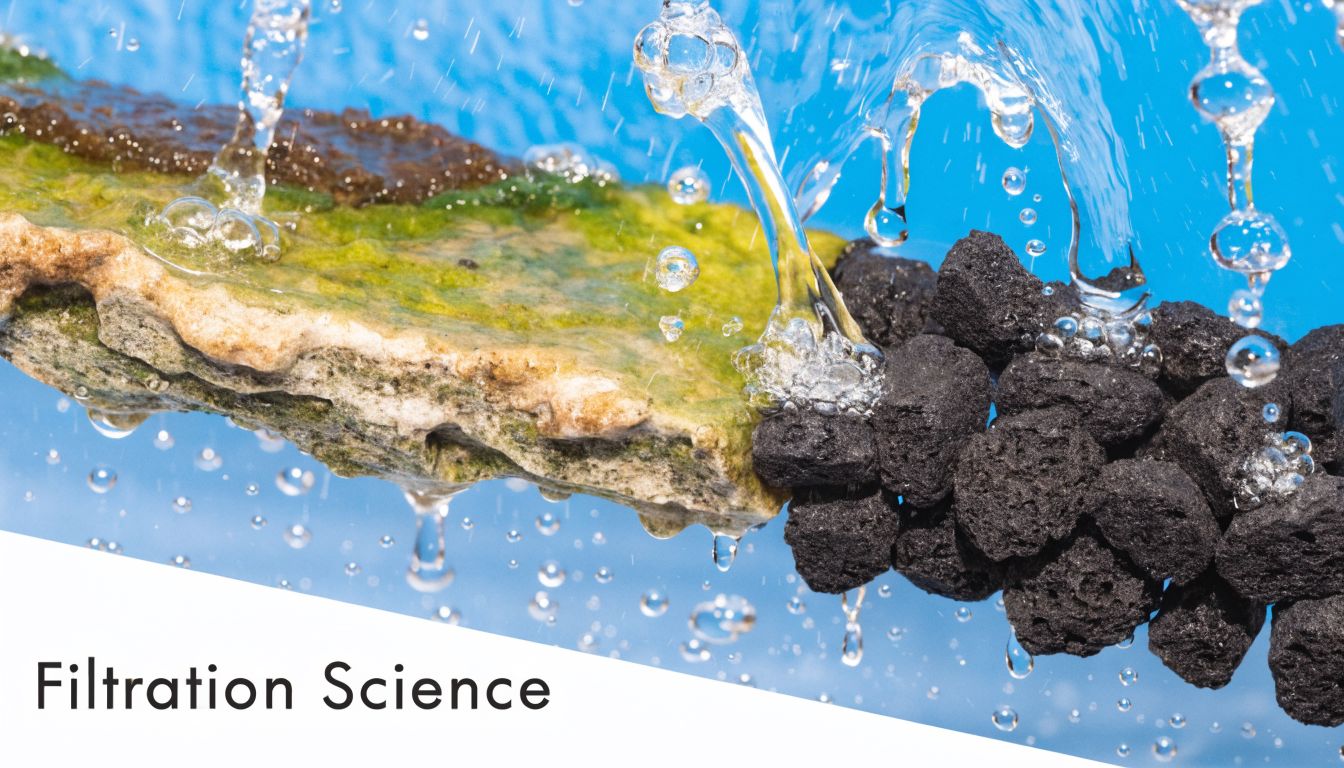 Water pouring over a natural stone and dark charcoal volcanic rocks demonstrating an effective filtration science concept.