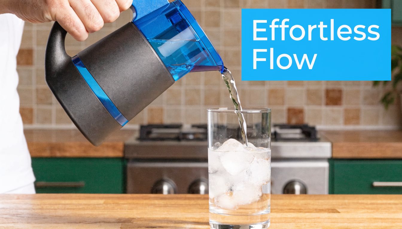 A person pouring filtered water from a blue and grey water pitcher into a glass with ice.