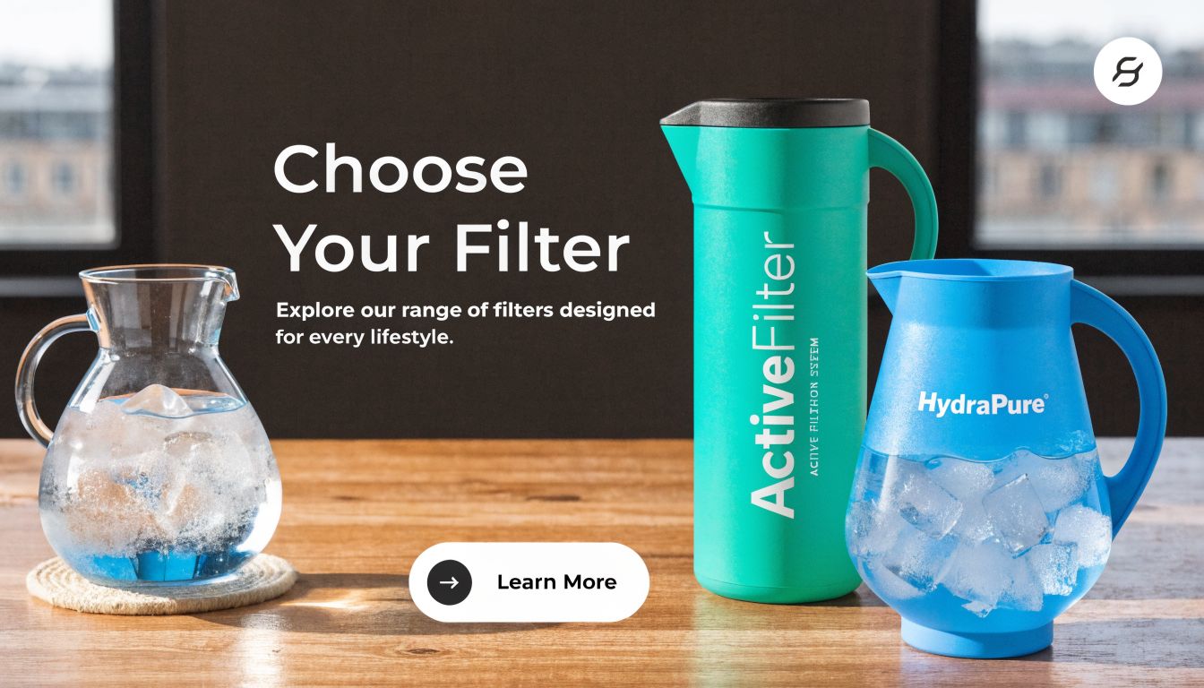 A wooden table featuring three water pitchers labeled ActiveFilter and HydraPure with an orange and blue filter comparison.