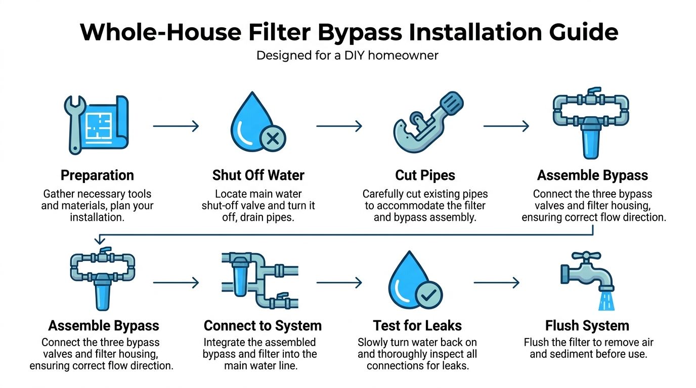 A step-by-step infographic showing how to install a whole-house water filter bypass system for DIYers.