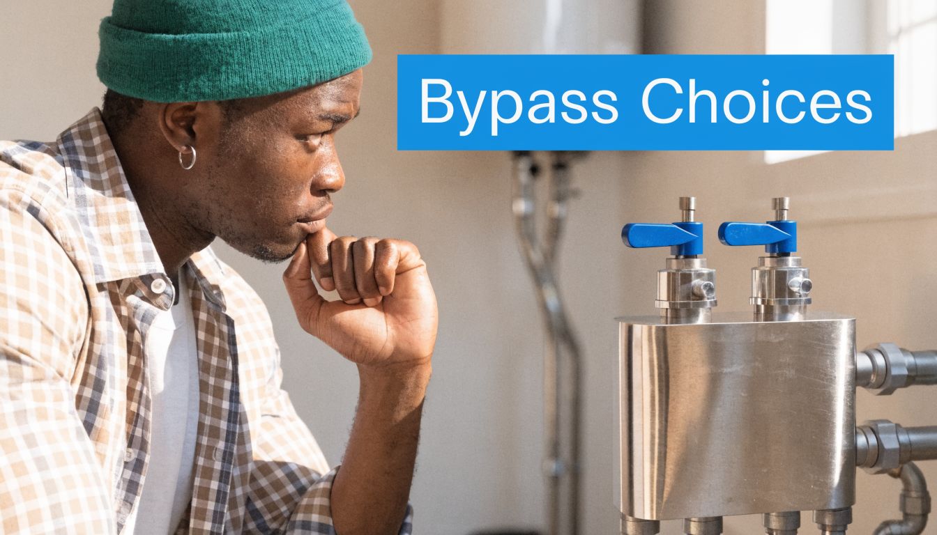 A person looking thoughtful while considering the settings of a bypass water filter valve system.