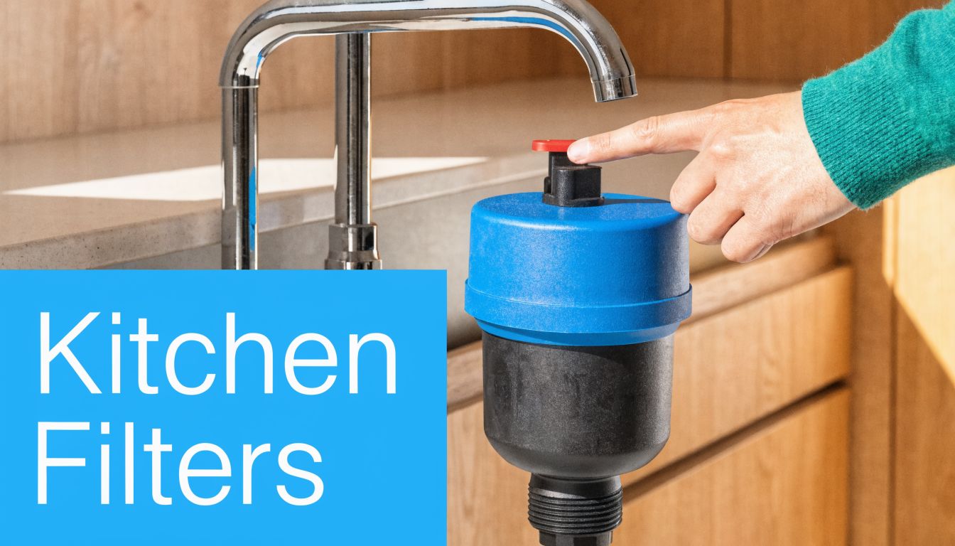 A person uses their finger to push the red button on a blue and black water filter.