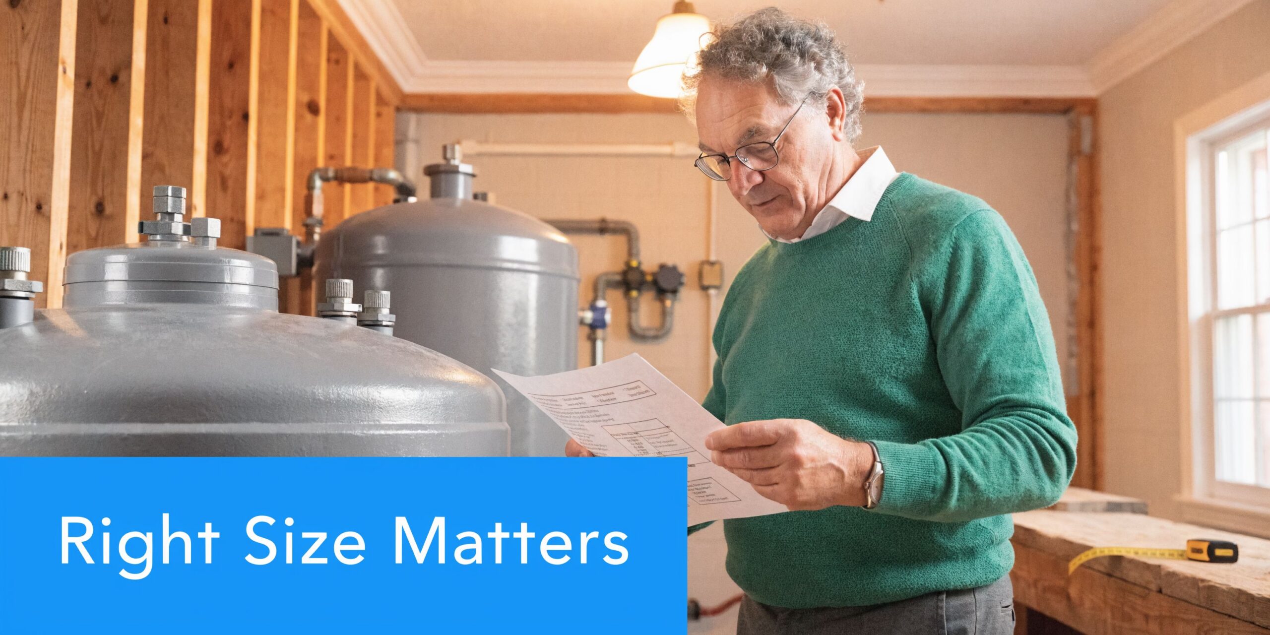 A professional man reviewing technical documents next to large industrial water tanks in a home basement.