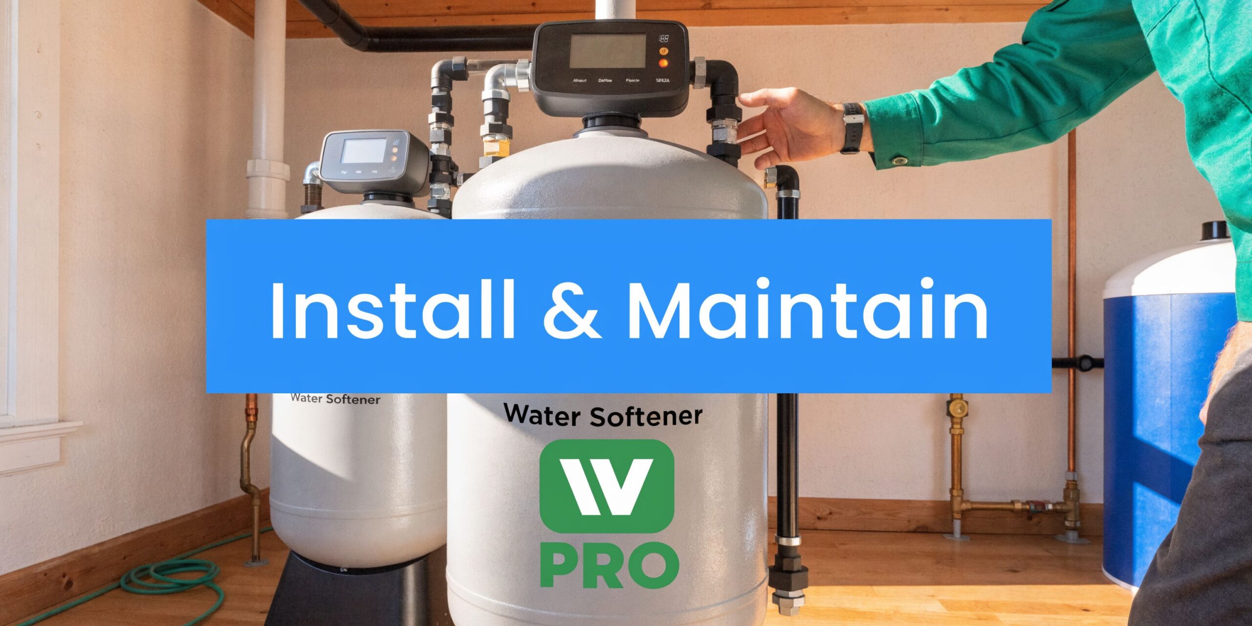 A professional technician installing and maintaining home water softener systems in a residential basement utility room.