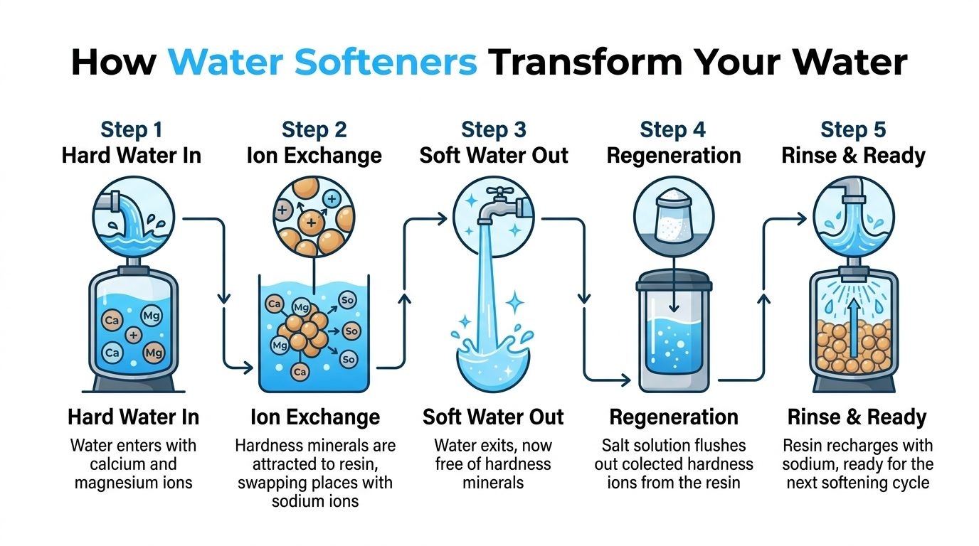 A five-step diagram showing the process of how home water softeners remove minerals to soften water.