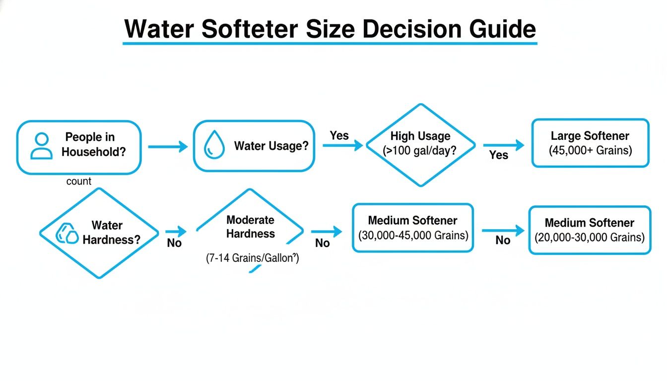 Flowchart guiding water softener size selection based on household size, water usage, and water hardness.