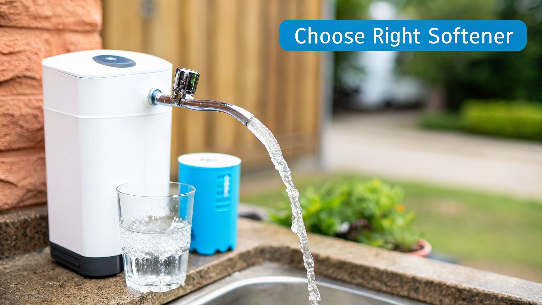 A white water softener dispensing clean water into a sink, with a glass of water nearby.