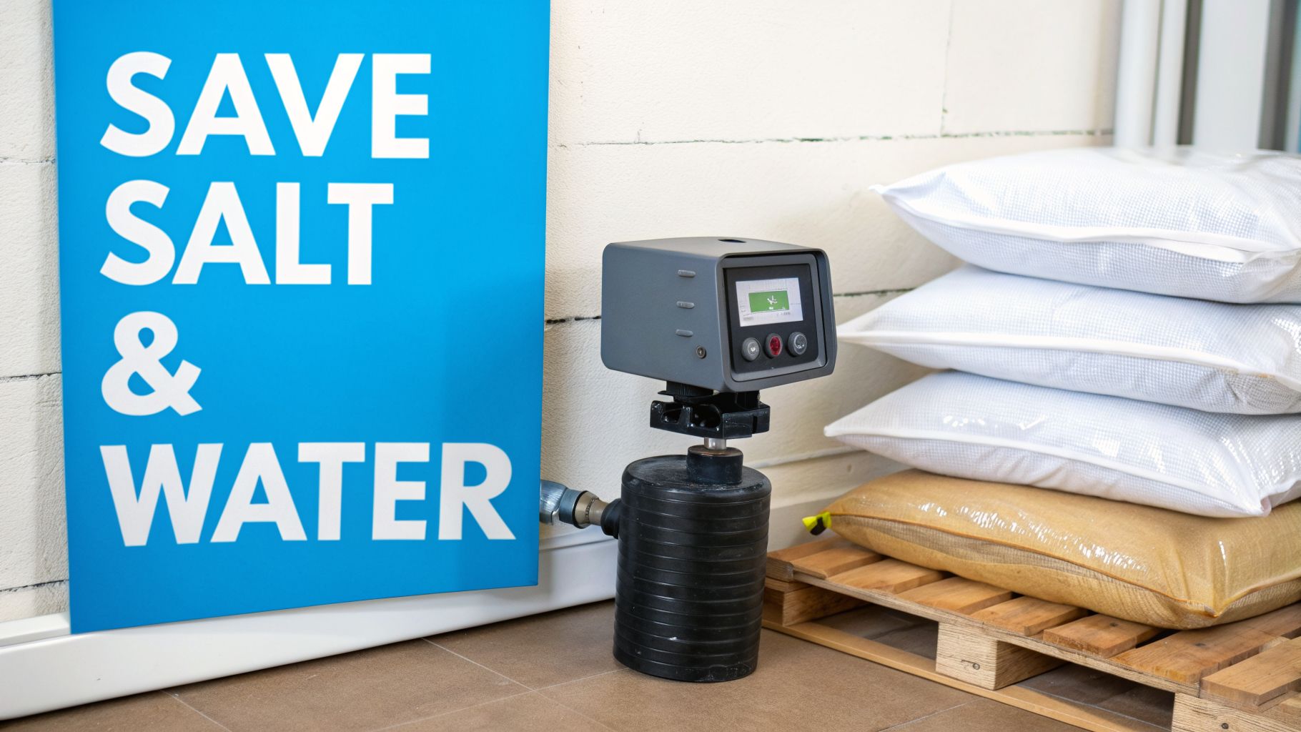 Water softener control unit, stacked salt bags, and a blue sign reading 'SAVE SALT & WATER'.