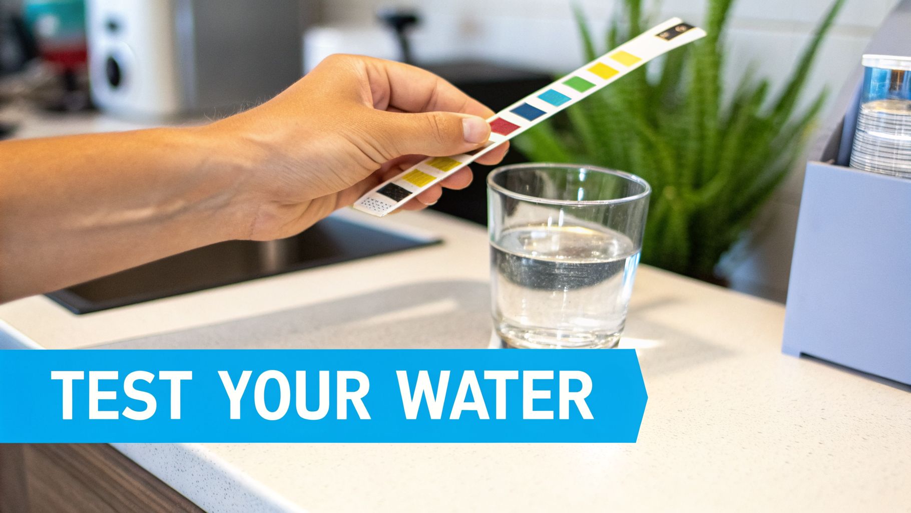 A hand holds a water testing strip over a glass of water on a kitchen counter for quality analysis.