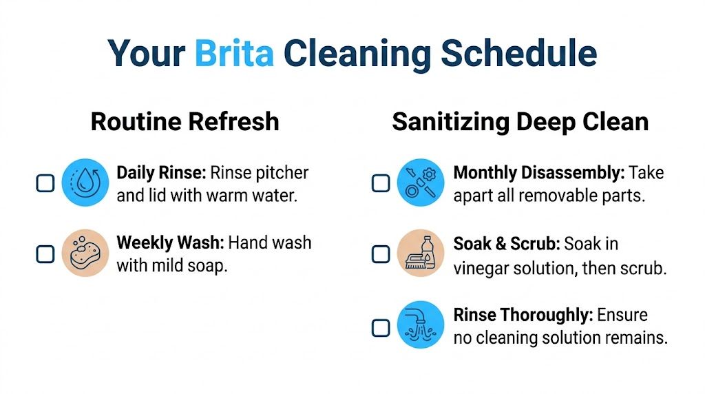 A Brita cleaning schedule infographic outlining routine refresh steps and sanitizing deep clean instructions.