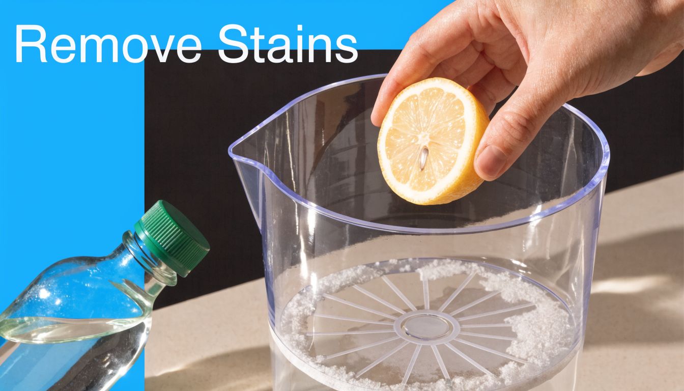 A hand squeezing a fresh lemon half into a clear plastic water pitcher containing white cleaning powder.