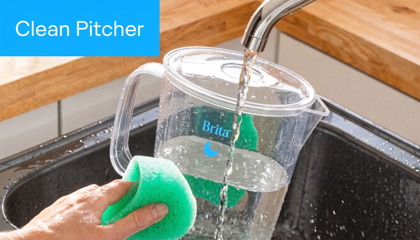 A person washing a transparent Brita water filter pitcher under a running kitchen faucet with a sponge.