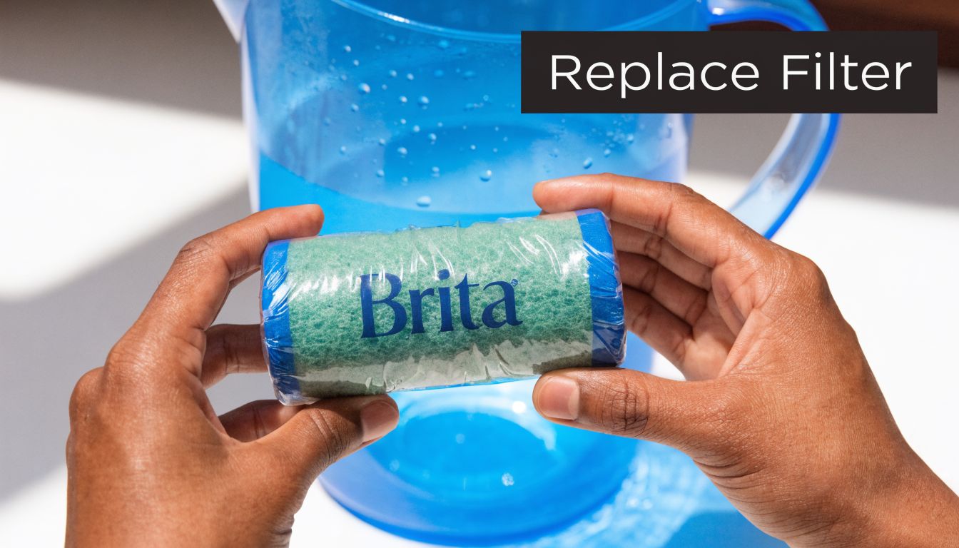 A person holding a wrapped Brita water filter cartridge in front of a blue water pitcher.