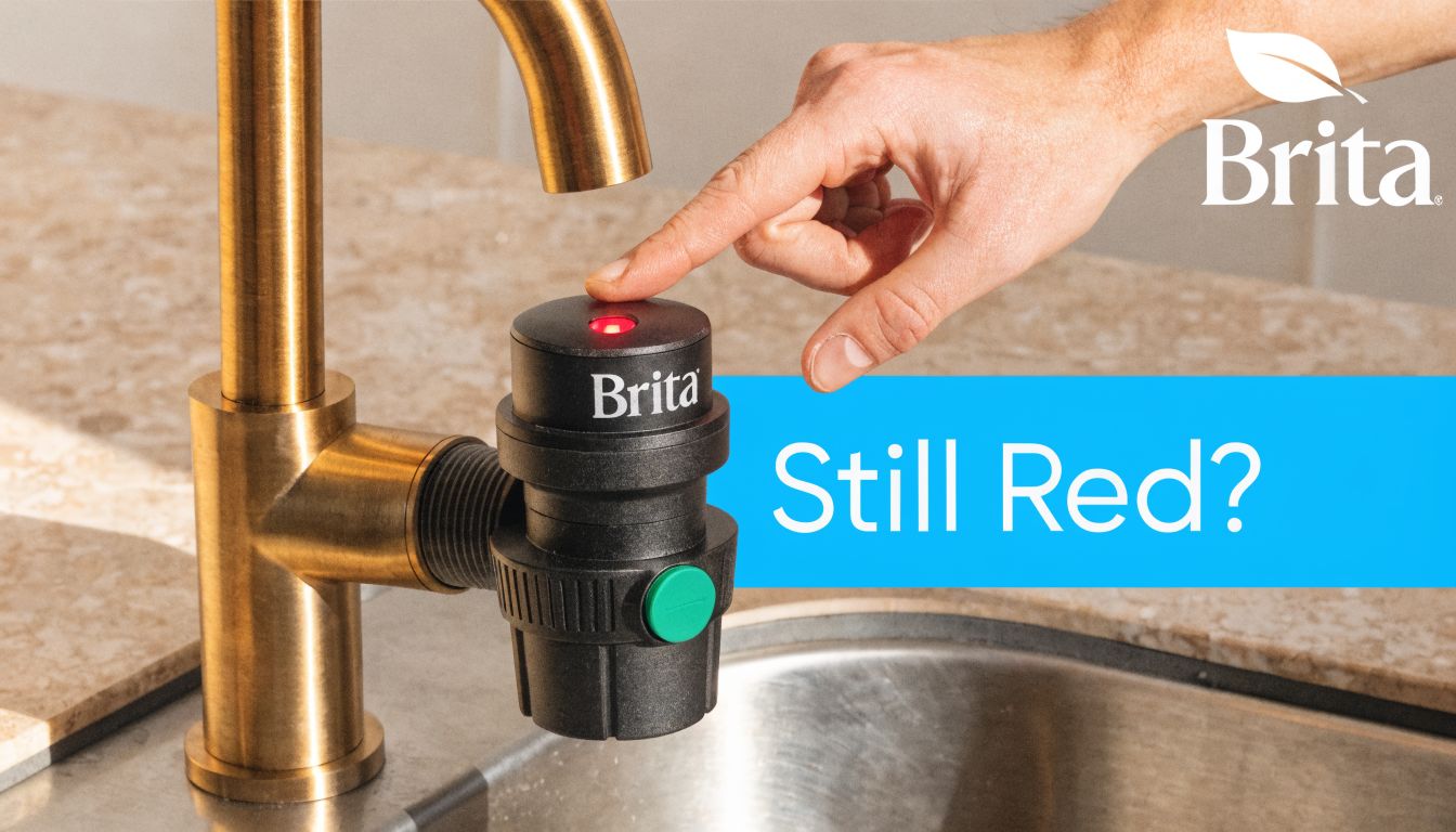 A hand touching a Brita faucet-mounted water filter with a red light blinking, indicating a filter replacement.