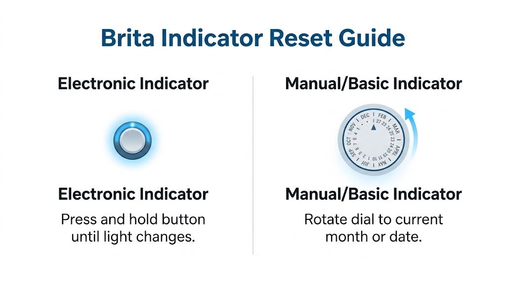 A graphic guide explaining how to reset both electronic and manual Brita water filter indicators.