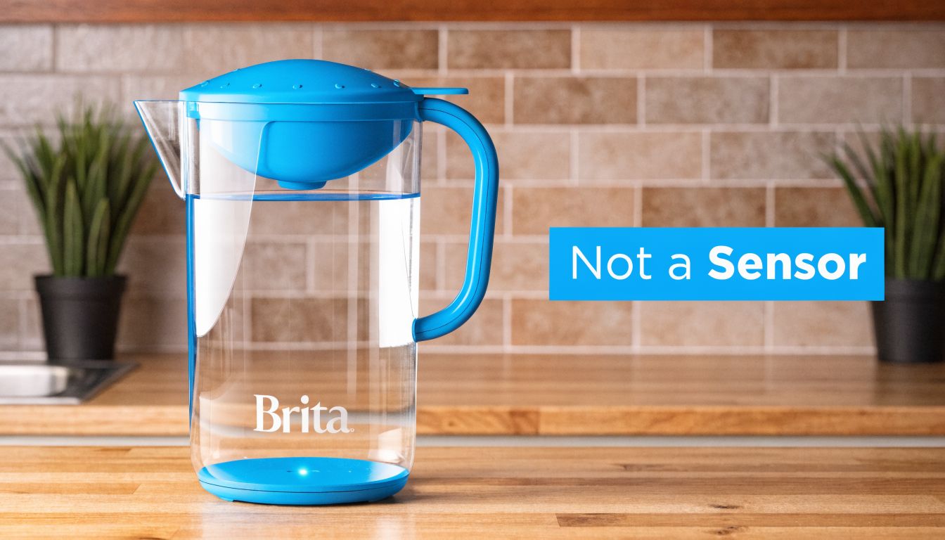 A blue Brita water pitcher filled with water sits on a wooden kitchen counter with plants.